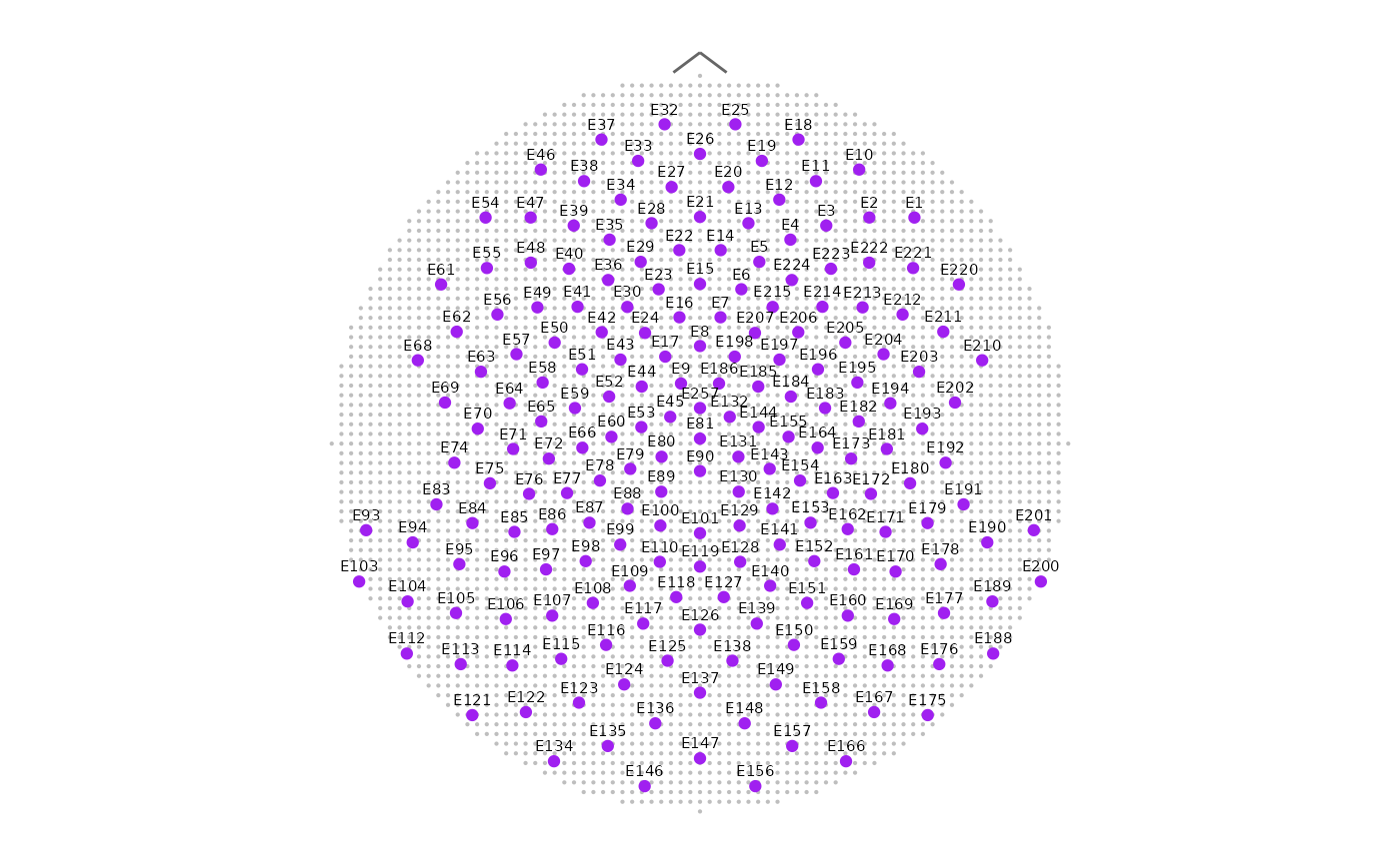 A schematic representations of an HD-EEG sensor net, showing the arrangement of 204 labeled channels distributed across the entire scalp area together with denser point mesh created for interpolation.